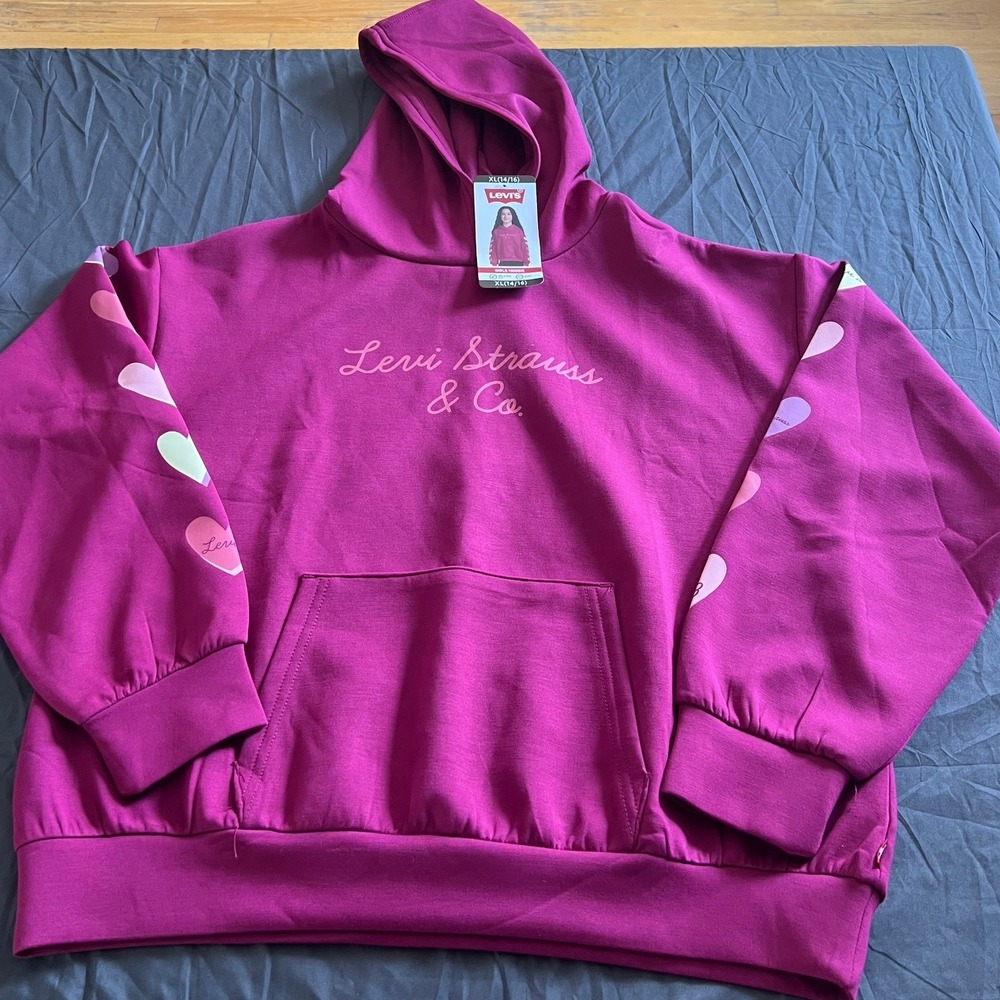 NWT Levis Girls Hoodie XL 14/16 Fuchsia Pink Heart Sleeve Script Logo Sweatshirt